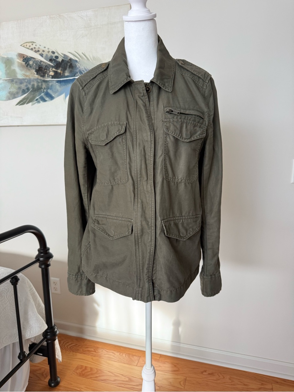 LOFT Olive Green Utility Jacket with Front Pockets-full zipper and snap closures